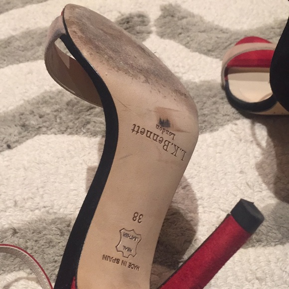 L. K. Bennett red, blk, tan open toe heels - Picture 5 of 7